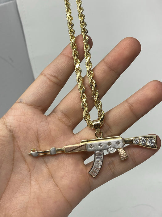 14k Gold Big ak-47 with stones 3 tone ( pendant or chain set )