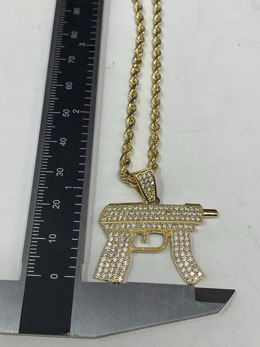 14k Gold uzi gun with stones , iced out   ( pendant or chain set )