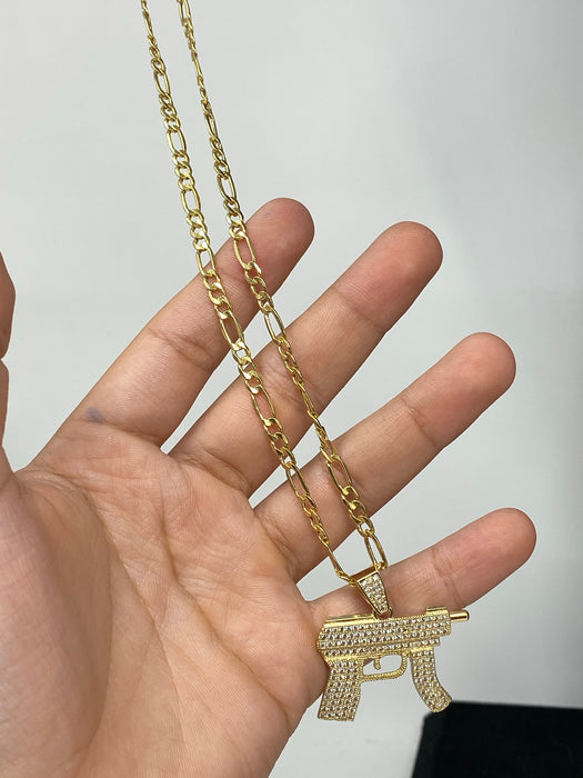 14k Gold uzi gun with stones ( pendant or chain set )