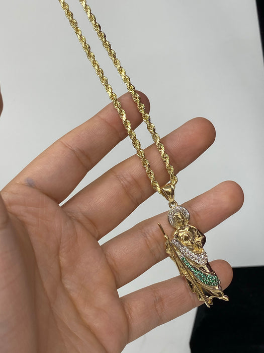 14k Gold San Judas with stones 2 inch ( pendant or chain set )