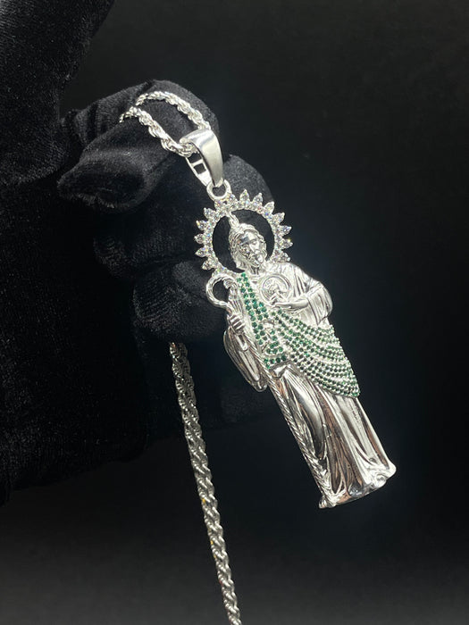 Silver .925 Big San Judas with green & white stones pendant or chain set!