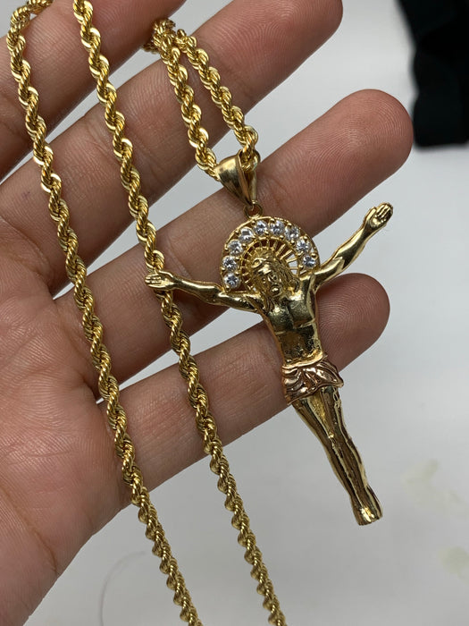 14k Gold Jesus with stones 3 tone   ( pendant or chain set )