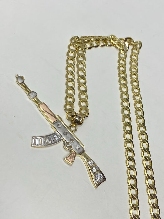 14k Gold Big ak-47 with stones 3 tone ( pendant or chain set )