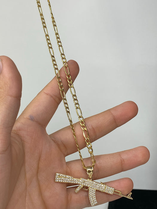 14k Gold Ak-47 gun with stones , iced out ( pendant or chain set )