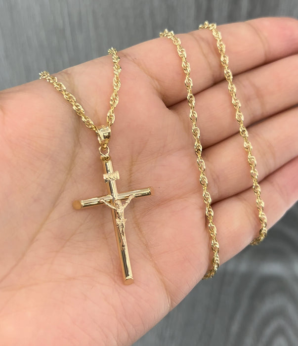 Crucifix Pendant & Chain in White and Yellow Solid 9ct Gold