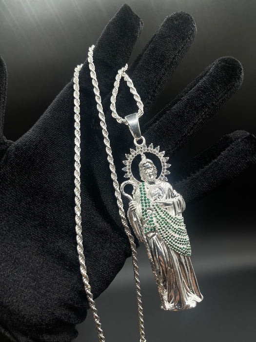 Silver .925 Big San Judas with green & white stones pendant or chain set!