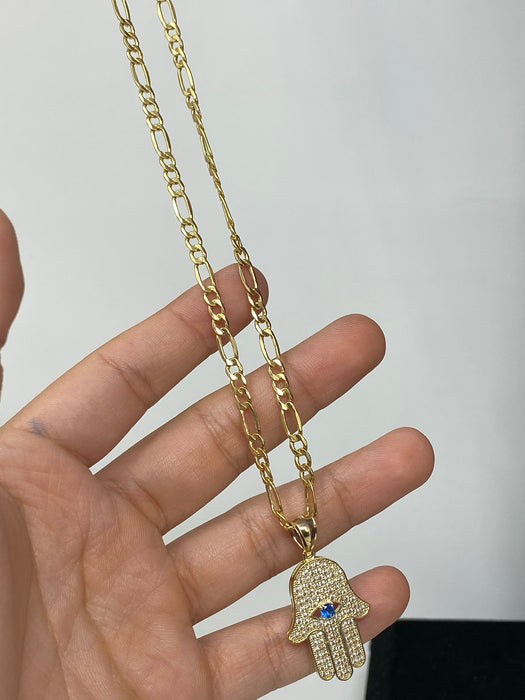 14k Gold Hamsa hand with stones , iced out  ( pendant or chain set )